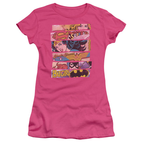 Supergirl Batgirl Wonder Woman Three of a Kind Hot Pink Junior Sheer Cap Short Sleeve Shirt - supermanstuff.com