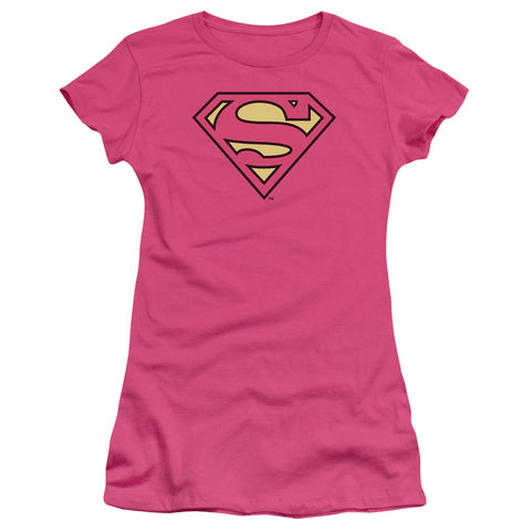 Superman Shield Supergirl Juniors Pink Sheer Cap Sleeve Shirt - supermanstuff.com