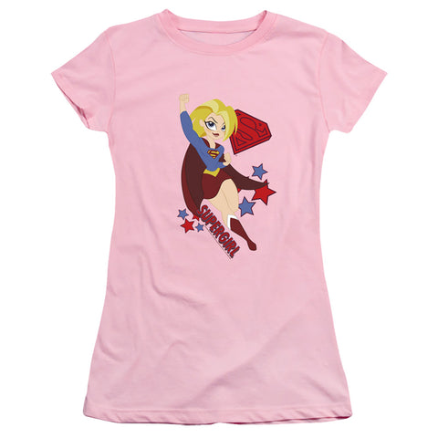 Supergirl DC Comics Super Hero Girls Pink Juniors Sheer Cap Sleeve Shirt