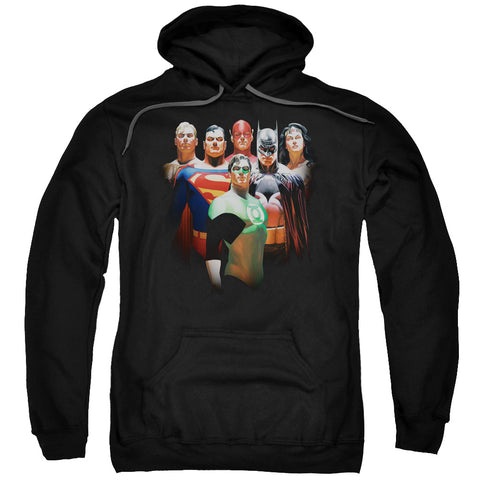 Justice League Kingdon Come Alex Ross Roll Call Black Adult Pull-Over Hoodie Sweatshirt