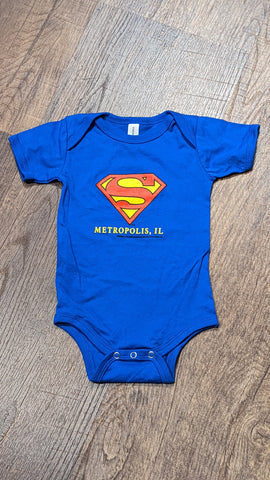 Superman Shield Logo Metropolis Illinois Royal Blue Baby Onsie Infant Snap Suit - supermanstuff.com