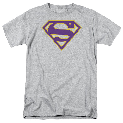 Superman Purple & Gold Shield Logo Black Adult Regular Fit Short Sleeve Shirt - supermanstuff.com