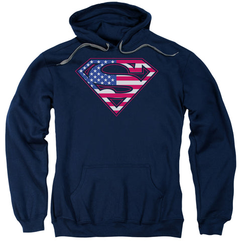 Superman American Flag Shield Navy Blue Adult Pull-Over Hoodie Sweatshirt - supermanstuff.com
