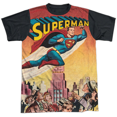 Superman City Flying Wayne Boring Board Game Art Adult Regular Fit Short Black Sleeve Shirt - supermanstuff.com