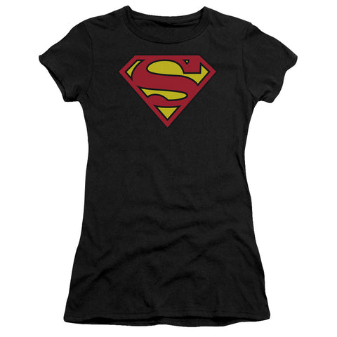 Superman Classic Shield Logo on Black Juniors Sheer Cap Sleeve Shirt - supermanstuff.com