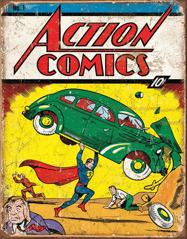 Action Comics No1 Superman Lifting Green Car Cover Tin Sign - Superman Stuff