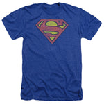 Retro Superman Shield Logo Distressed Adult Heather Royal Blue Shirt - supermanstuff.com