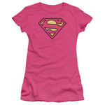 Superman Shield Supergirl Juniors Pink Sheer Cap Sleeve Shirt - supermanstuff.com
