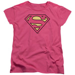 Superman Shield Logo Supergirl Women's Pink Sheer Cap Sleeve Shirt - supermanstuff.com