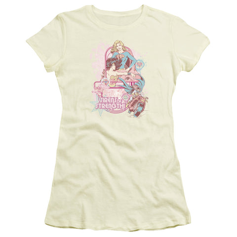 Super Girl Sirens of Strength Adult Cream Colored Junior Sheer Cap Short Sleeve Shirt - supermanstuff.com