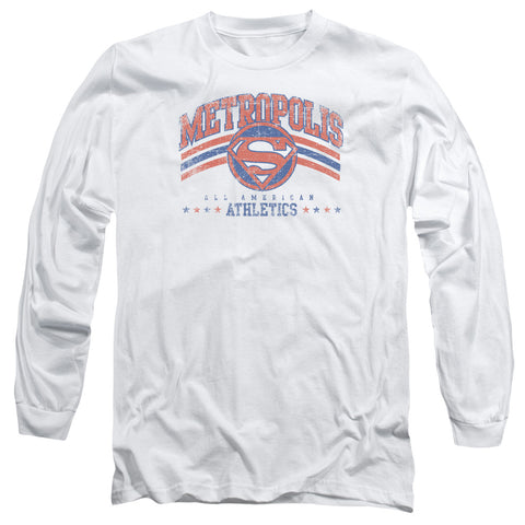 Superman Sheild Metropolis Athletics Adult Adult Long Sleeve Shirt - supermanstuff.com