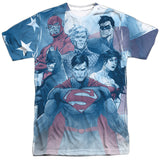 Justice League United in Front of Flag Adult Regular Fit Short Sleeve Shirt - supermanstuff.com