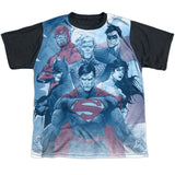 Justice League United in front of Flag Youth Short Sleeve Shirt - supermanstuff.com