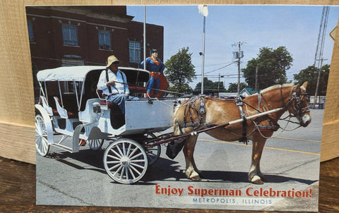 Metropolis Illinois Superman Celebration Horse Carriage Superman Statue Postcard - supermanstuff.com