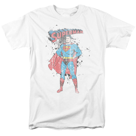 Superman Vintage Ink Splatter Adult Regular Fit White Short Sleeve Shirt - supermanstuff.com