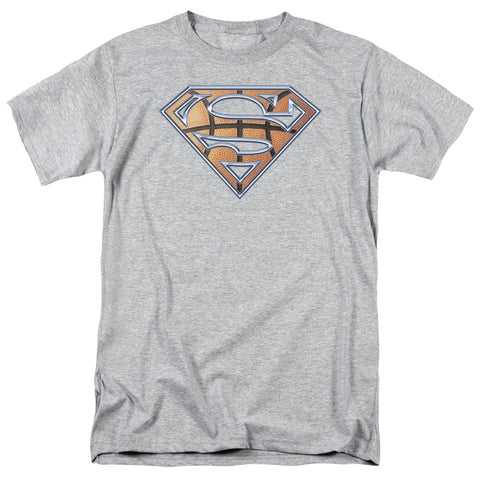 Superman Basketball Shield Logo Adult Gray Regular Fit Short Sleeve Shirt - supermanstuff.com