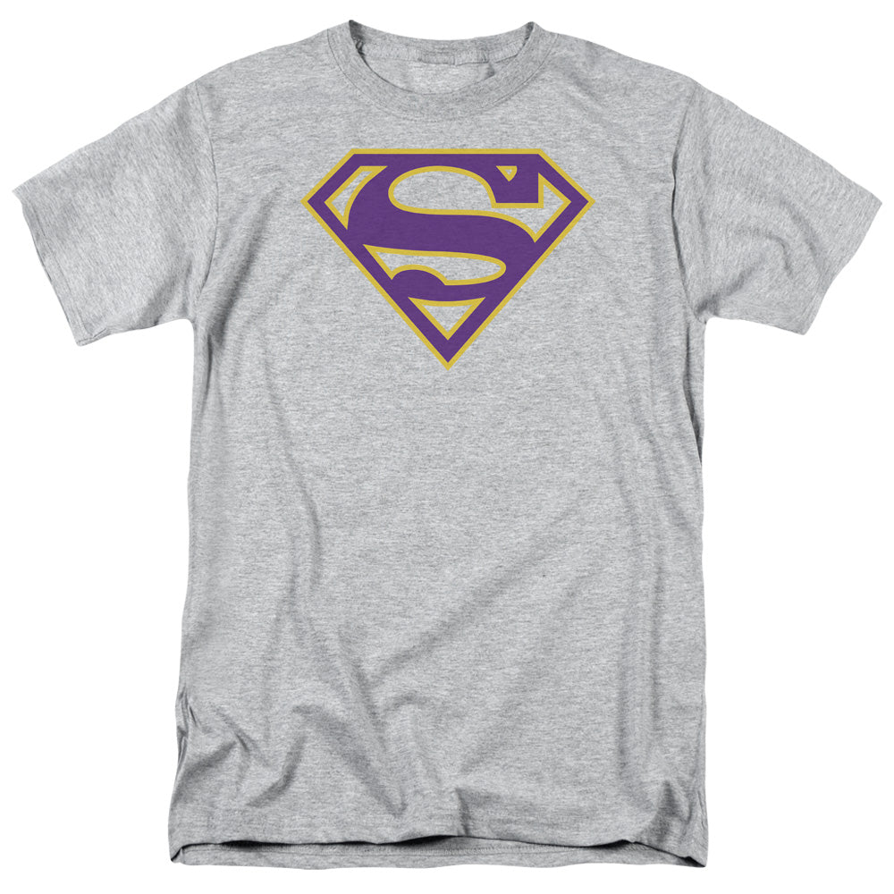 forkæle Vej Blinke Superman Purple & Gold Shield Logo Black Adult Regular Fit Short Sleeve  Shirt | supermanstuff.com