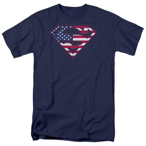 Superman American Flag Adult Royal Blue Regular Fit Short Sleeve Shirt - supermanstuff.com