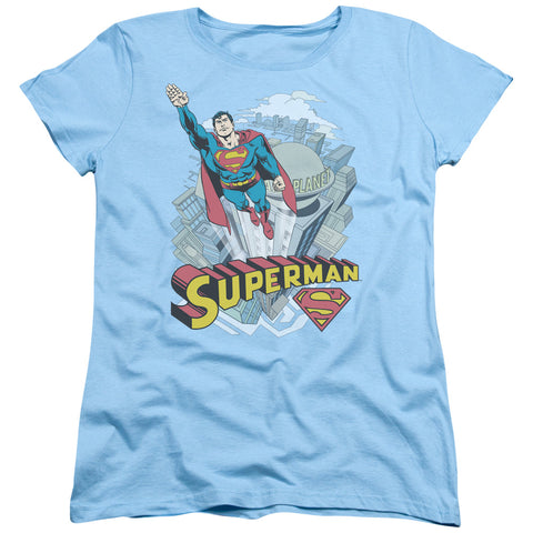 Superman Skyward Light Blue Adult Woman's Fit Short Sleeve Shirt - supermanstuff.com