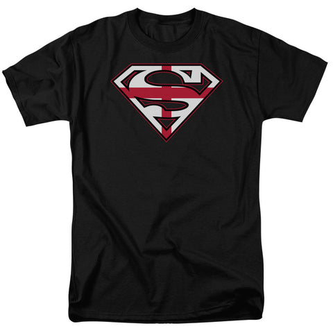 Superman English Sheild Logo on Black Adult Regular Fit Short Sleeve Shirt - supermanstuff.com