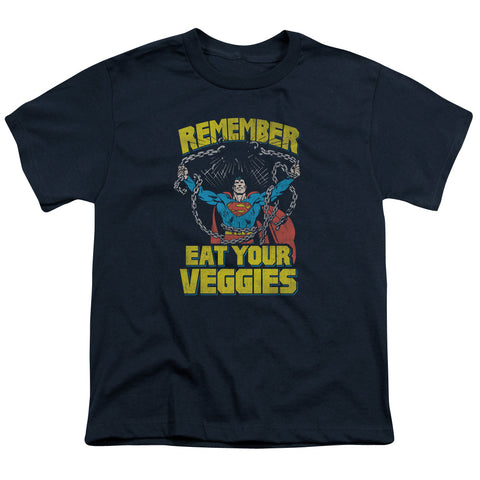 Superman Eat Your Veggies Youth Navy Blue Regular Fit Short Sleeve Shirt - supermanstuff.com
