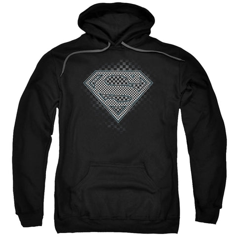 Superman Checkerboard Shield Logo Black Adult Regular Fit Hoodie Sweatshirt - supermanstuff.com