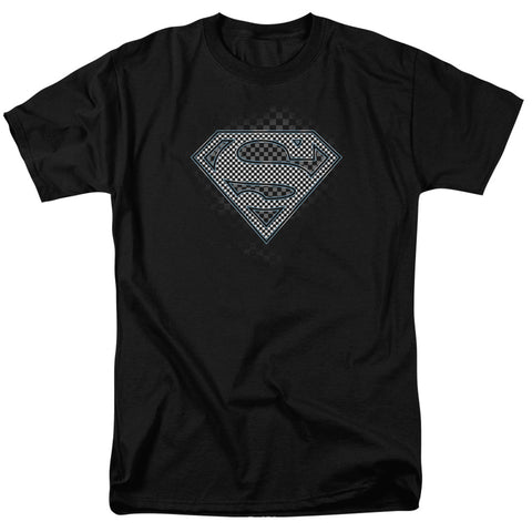 Superman Checkerboard Shield Logo Black Adult Regular Fit Short Sleeve Shirt - supermanstuff.com
