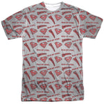 Superman Repeat Superman Words and Shields White Dye Sublimation Shirt - supermanstuff.com