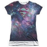 Superman Spaced Out Logo Junior Fit Cap Sleeve Shirt - supermanstuff.com