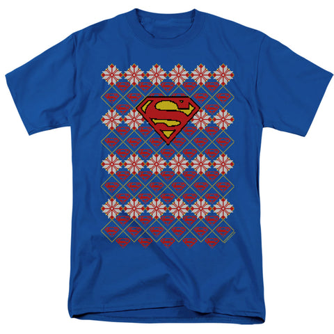 Superman Christmas Sweater Royal Blue Adult Regular Fit Short Sleeve Shirt - supermanstuff.com