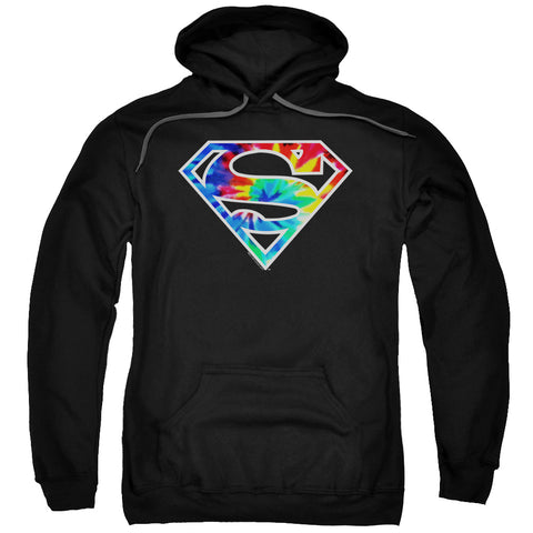 Superman Tie Dye Shield Logo on Black Adult Pull-Over Hoodie Sweatshirt - supermanstuff.com