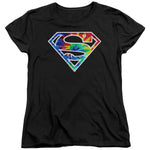 Superman Supergirl Tie Dye Shield Logo on Black Adult Woman's Fit Short Sleeve Shirt - supermanstuff.com