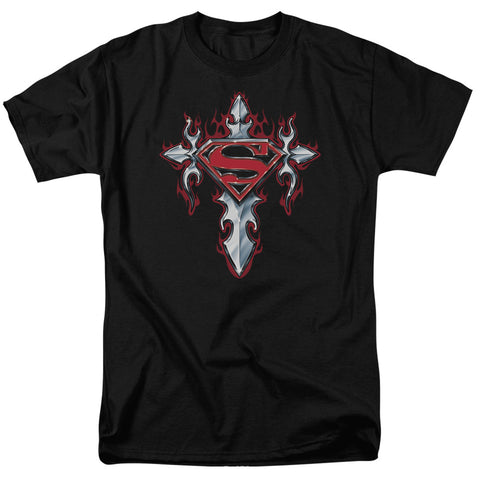Superman Shield Cross Gothic Steel Logo Regular Fit Black Short Sleeve Shirt - supermanstuff.com