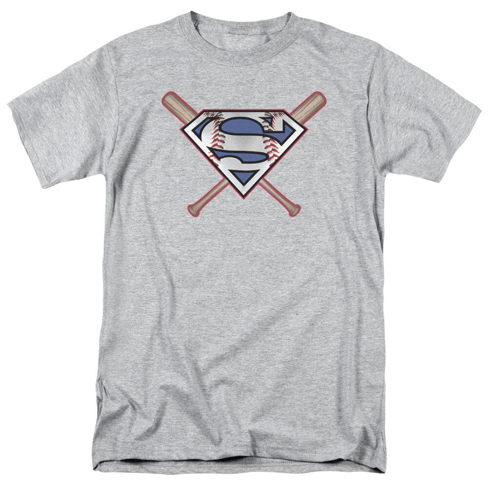 Superman Crossed Bats Baseball Shirt Shield Stuff | Sleeve Superman Logo Regular Fit Adult Short