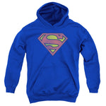 Retro Superman Logo Distressed Youth Royal Blue Pull-Over Hoodie