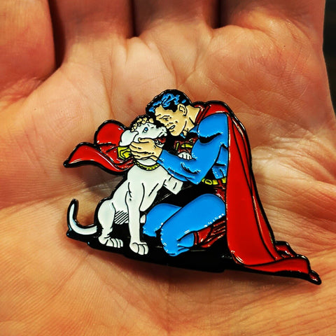 superman with Krypto large enamel lapel pin - supermanstuff.com