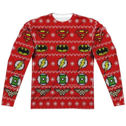 JUSTICE LEAGUE LOGOS HOLIDAY "Ugly Christmas Sweater" Style Long Sleeve Shirt - supermanstuff.com